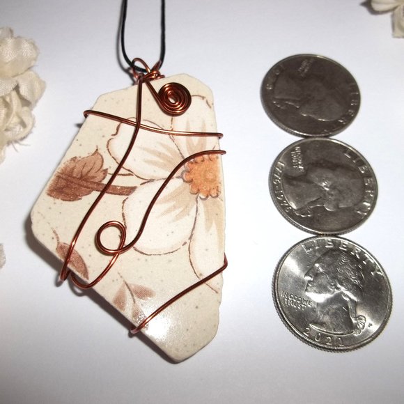 Retro Vintage Pottery Necklace New Wire Wrapping Flower Tan Orange Copper C084 - Picture 2 of 9